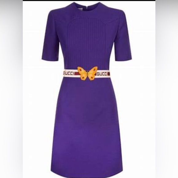 purple gucci dress 2004 Gucci by Tom Ford Pleated Purple Silk Bell Sleeve Cut-Out Dress